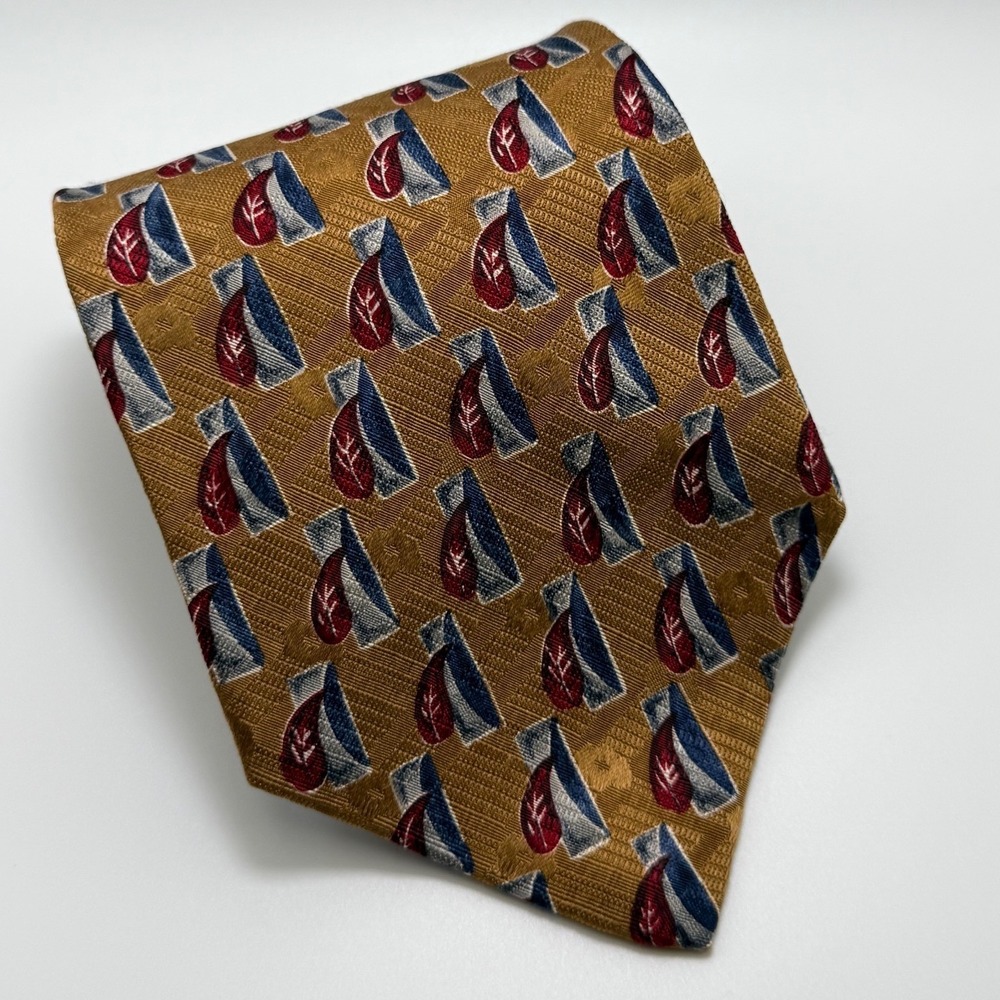 Jos. A. Bank Necktie OS Gold Red Blue Leaf Geometric Silk Classic Preppy Formal